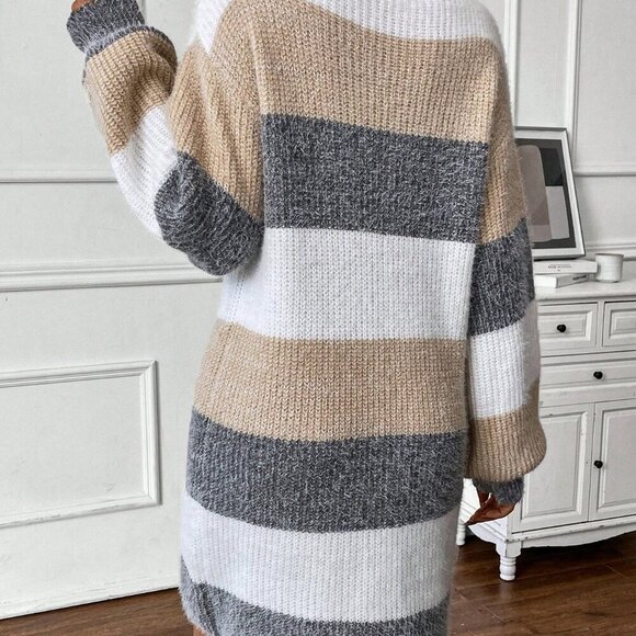 Multicolor Casual Women's Three Colored Sweater Dress With Horizontal Patchwork - Picture 2 of 5